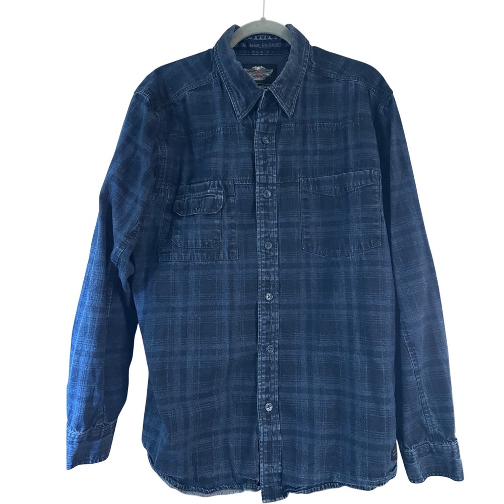 Harley-Davidson Mens XL Plaid Denim Button Down Shirt Blue Willie G Skull Logo